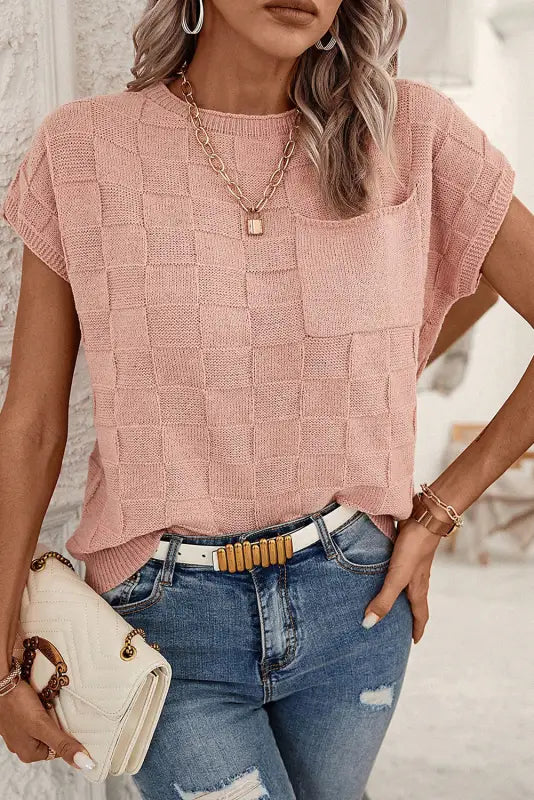 Dusty pink lattice textured knit short sleeve sweater - l / 75% acrylic + 25% polyamide - sweaters & cardigans