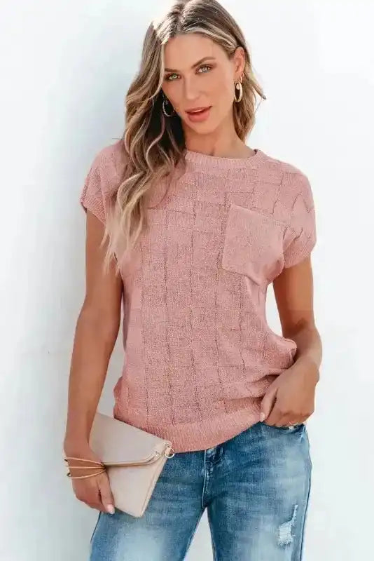 Dusty Pink Lattice Textured Knit Short Sleeve Sweater - Fashionfitz