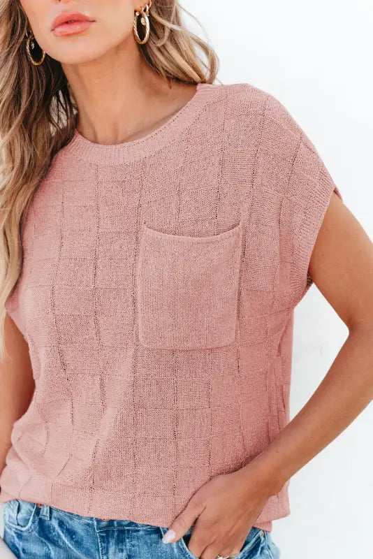 Dusty pink lattice textured knit short sleeve sweater - new