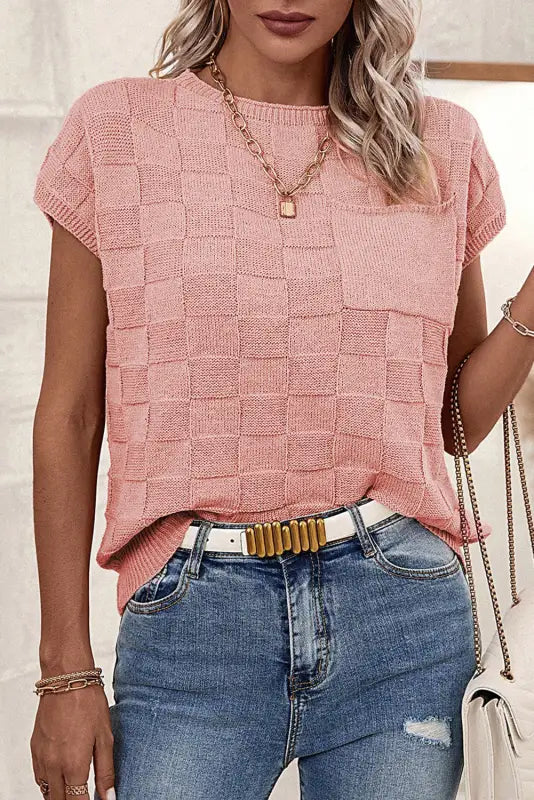 Dusty pink lattice textured knit short sleeve sweater - new