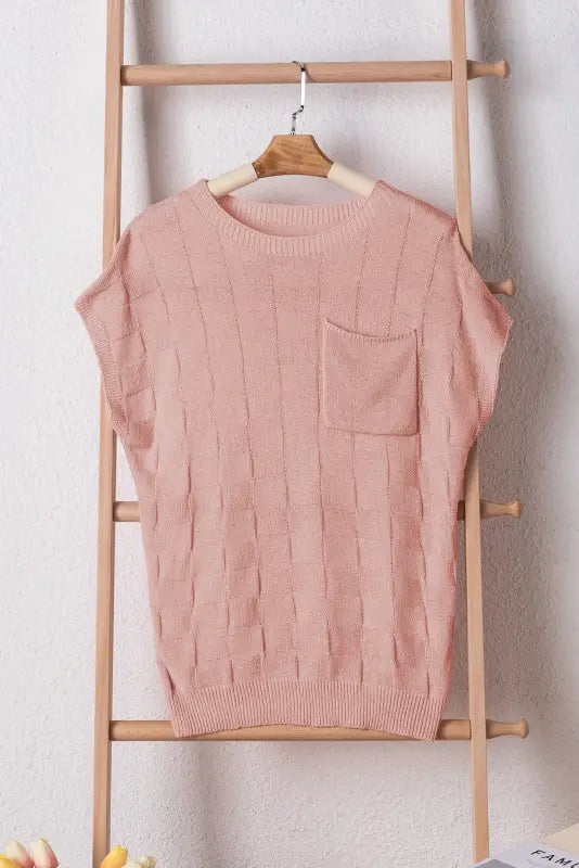 Dusty pink lattice textured knit short sleeve sweater - new