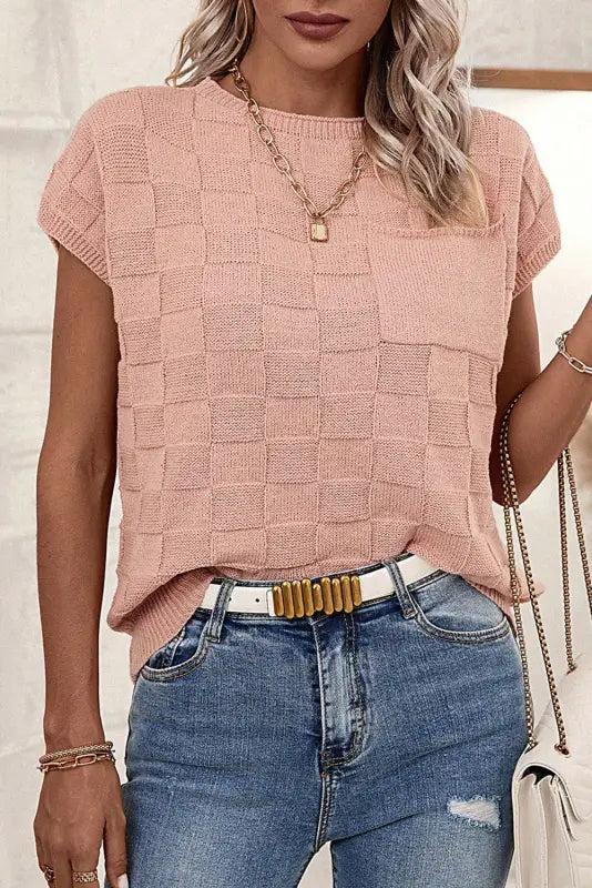 Dusty pink lattice textured knit short sleeve sweater - sweaters & cardigans