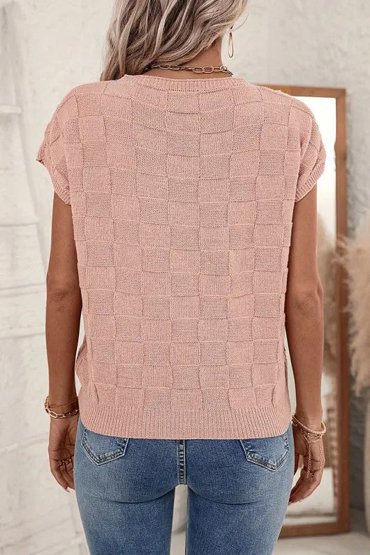 Dusty pink lattice textured knit short sleeve sweater - new