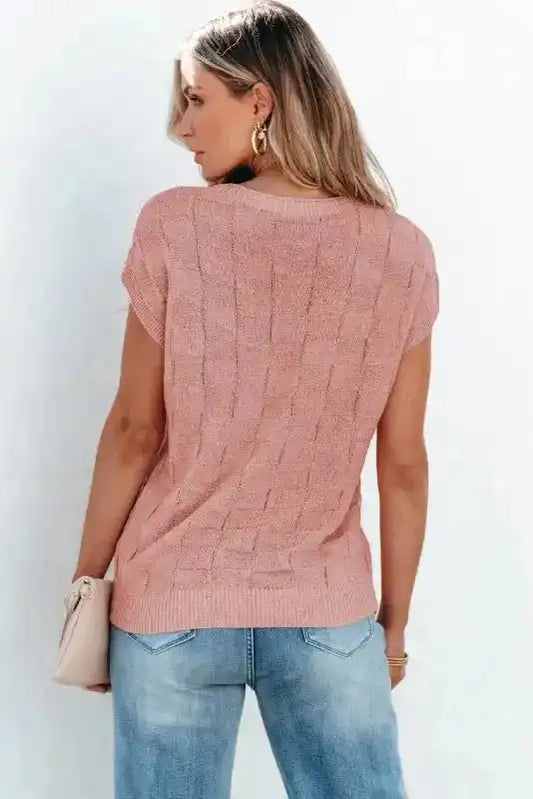 Dusty Pink Lattice Textured Knit Short Sleeve Sweater - Fashionfitz