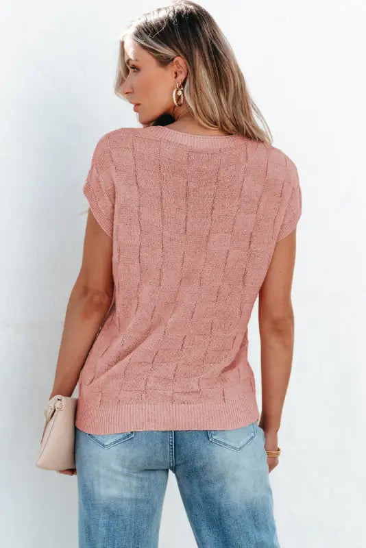 Dusty pink lattice textured knit short sleeve sweater - new