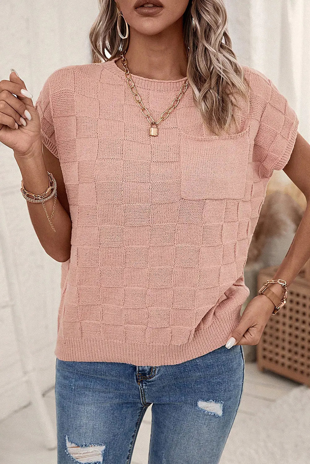 Dusty pink lattice textured knit short sleeve sweater - sweaters & cardigans