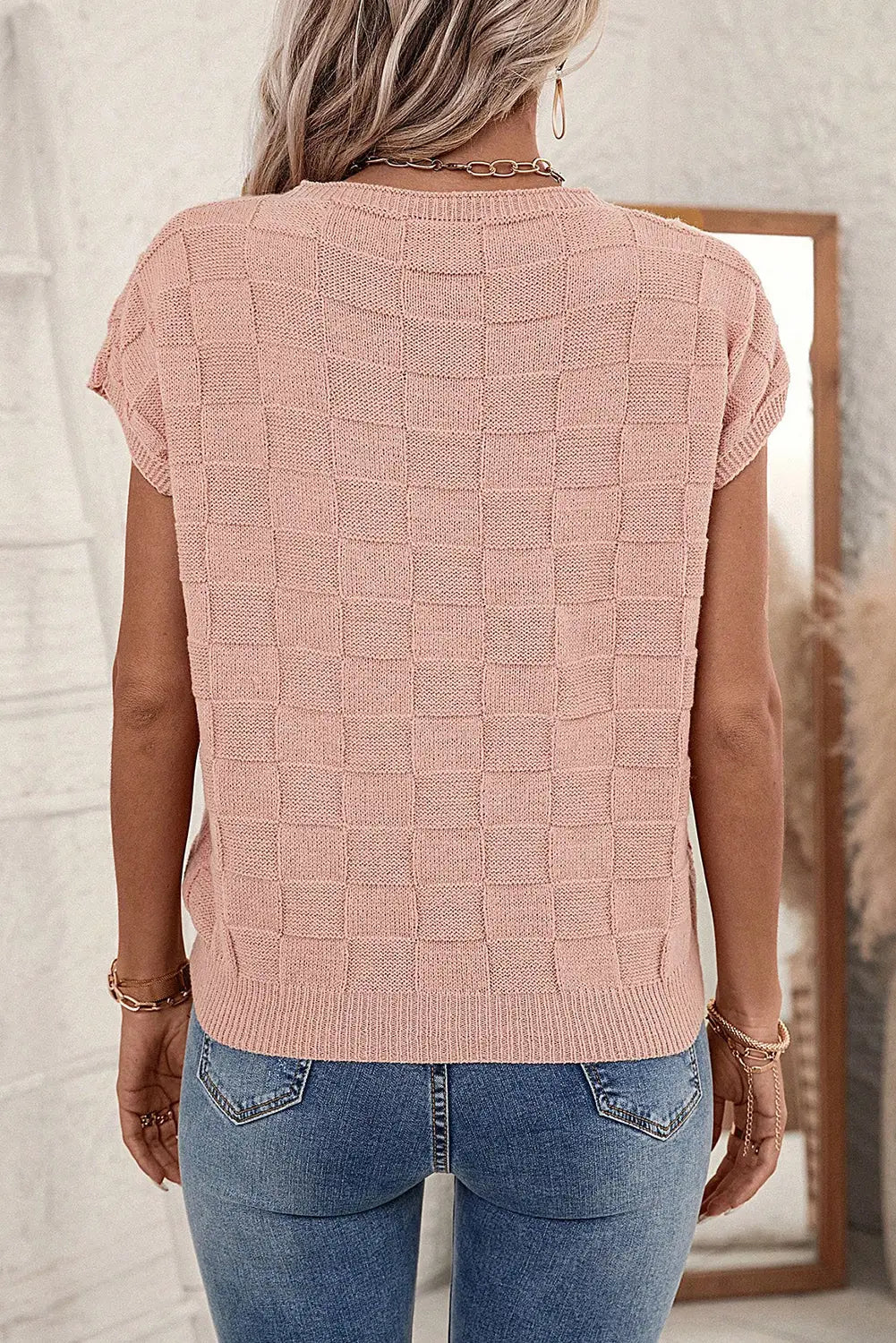 Dusty pink lattice textured knit short sleeve sweater - sweaters & cardigans