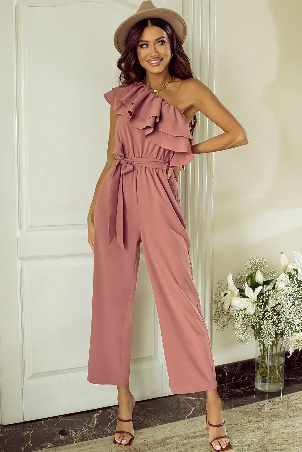 Dusty pink one shoulder ruffle jumpsuit - s / 100% polyester - jumpsuits