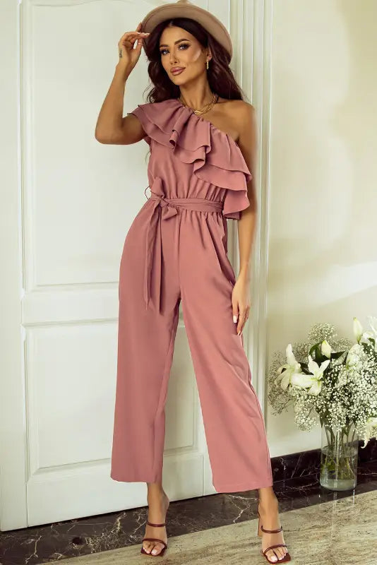 Dusty pink one shoulder ruffle jumpsuit - jumpsuits