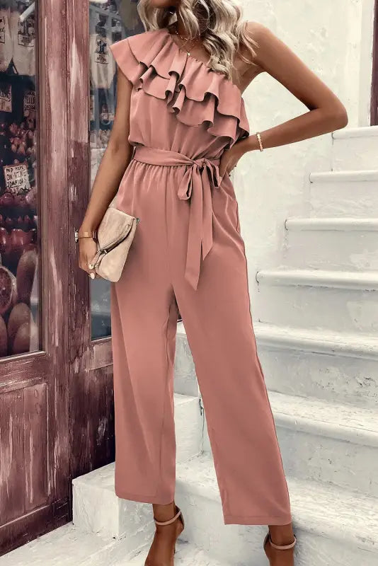 Dusty pink one shoulder ruffle jumpsuit - jumpsuits