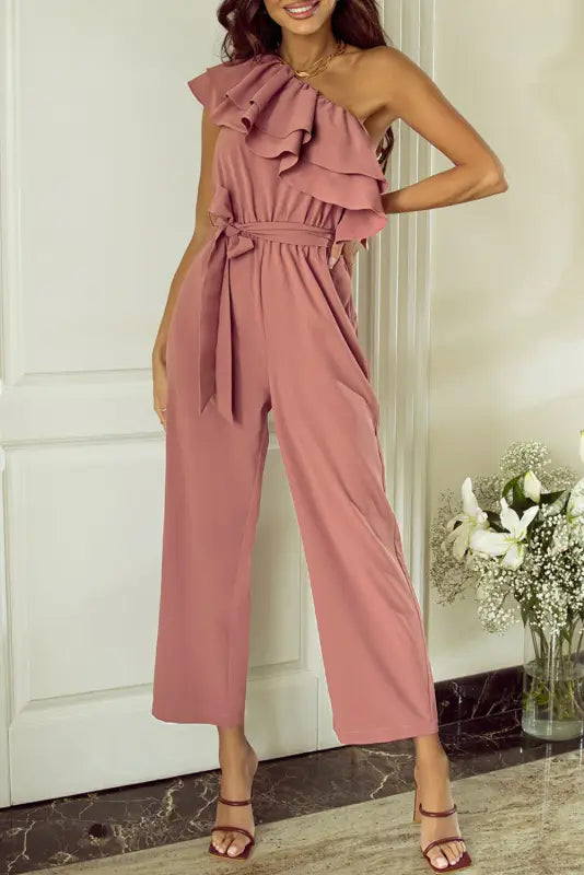 Dusty pink one shoulder ruffle jumpsuit - jumpsuits