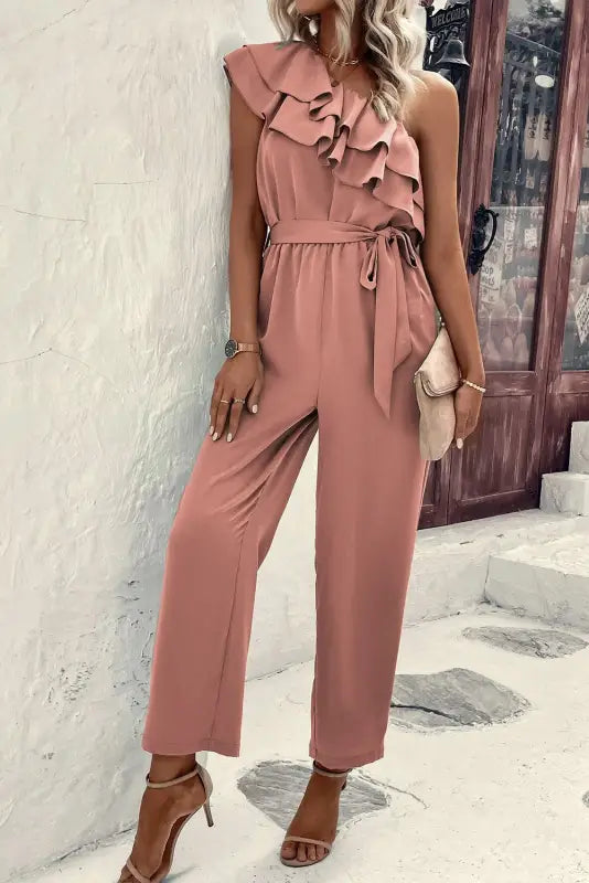 Dusty pink one shoulder ruffle jumpsuit - jumpsuits