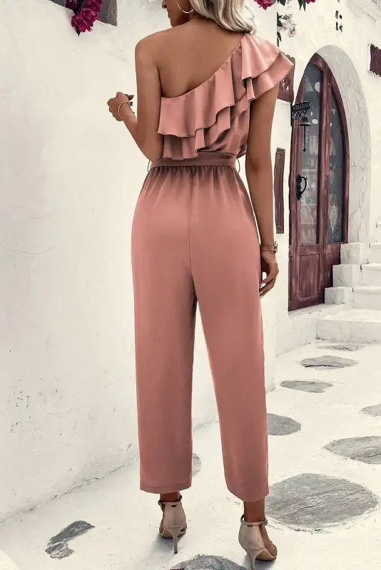 Dusty pink one shoulder ruffle jumpsuit - jumpsuits