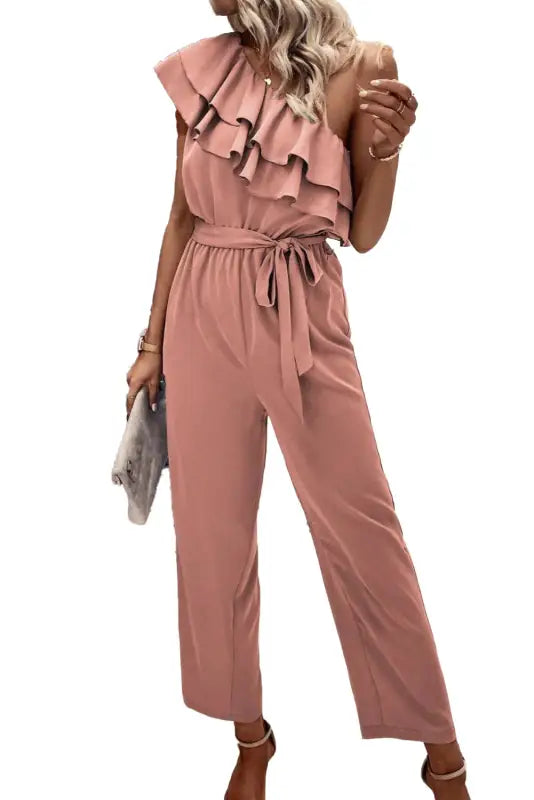 Dusty pink one shoulder ruffle jumpsuit - jumpsuits