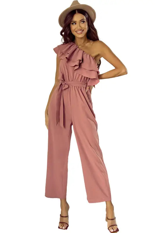 Dusty pink one shoulder ruffle jumpsuit - jumpsuits