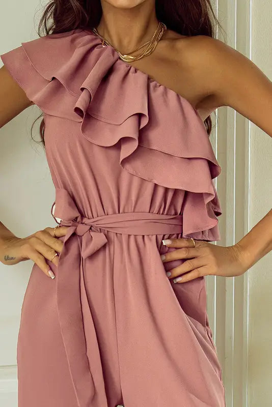 Dusty pink one shoulder ruffle jumpsuit - jumpsuits