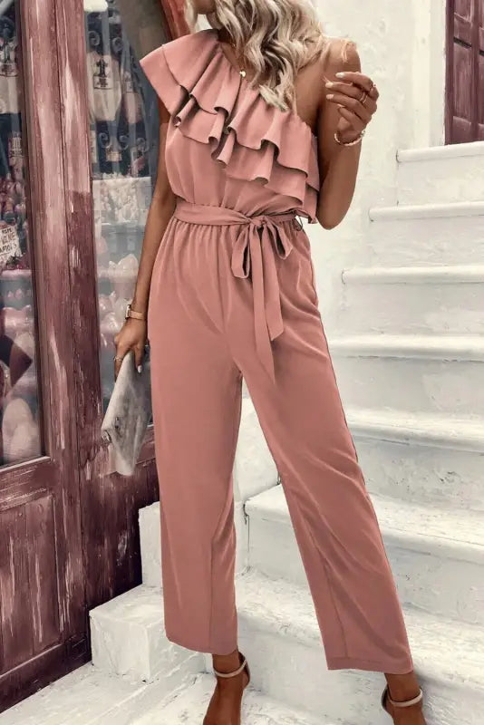 Dusty pink one shoulder ruffle jumpsuit - jumpsuits