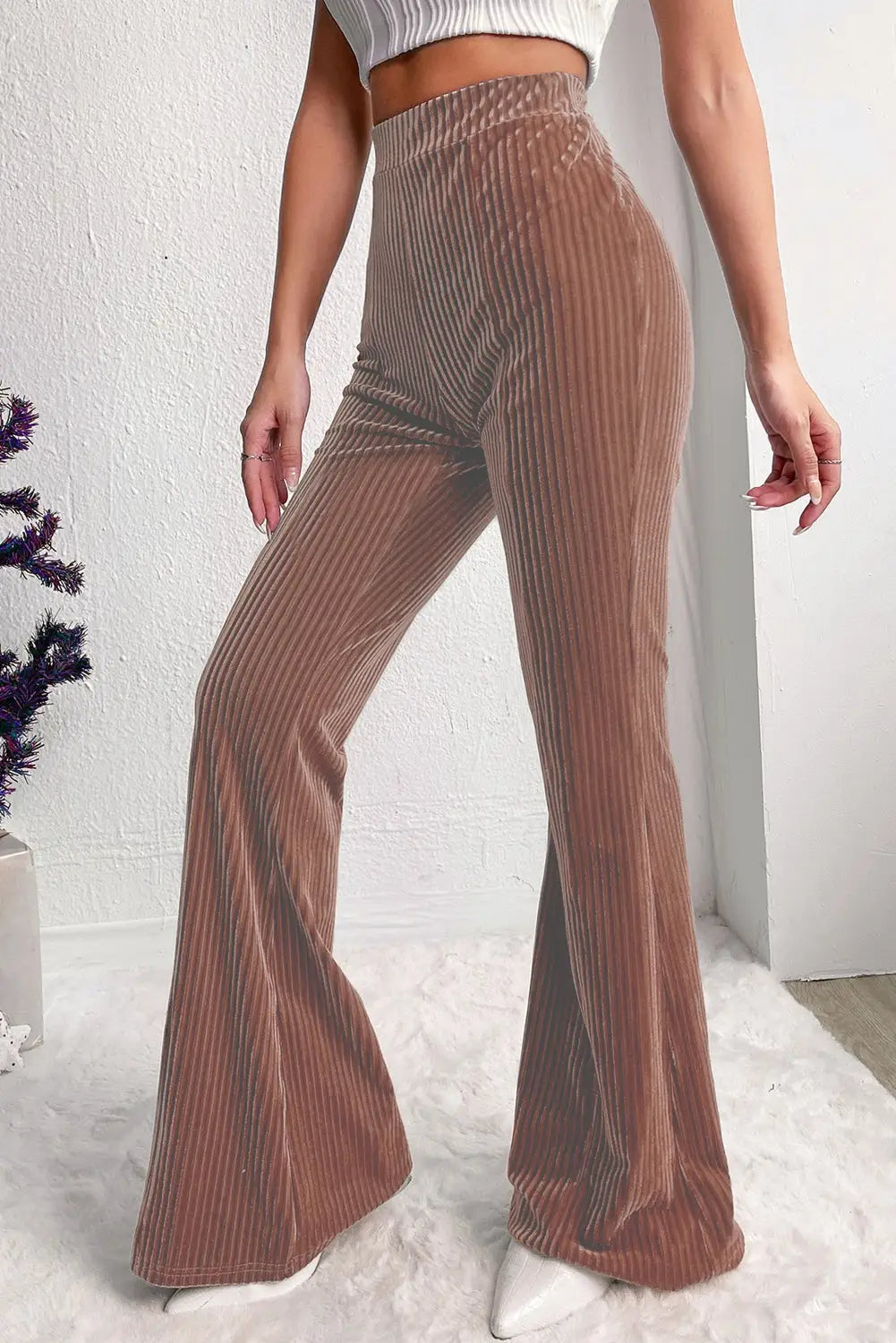 Dusty pink solid color high waist flare corduroy pants - bottoms