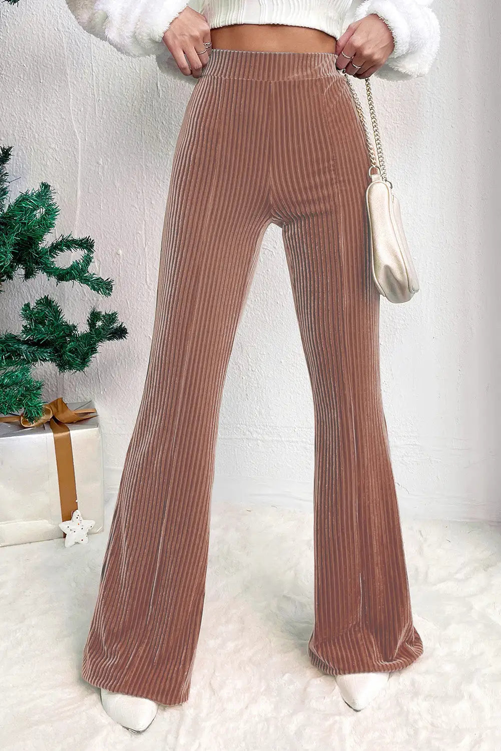Dusty pink solid color high waist flare corduroy pants - s / 90% polyester + 10% elastane - bottoms