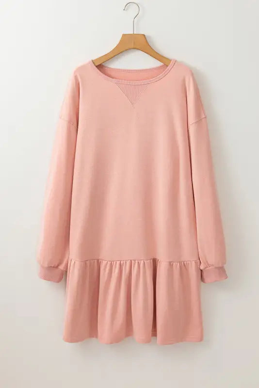 Dusty pink solid color puff sleeve ruffle hem mini dress - dresses