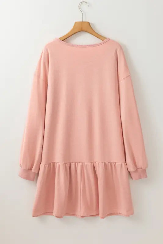 Dusty pink solid color puff sleeve ruffle hem mini dress - dresses