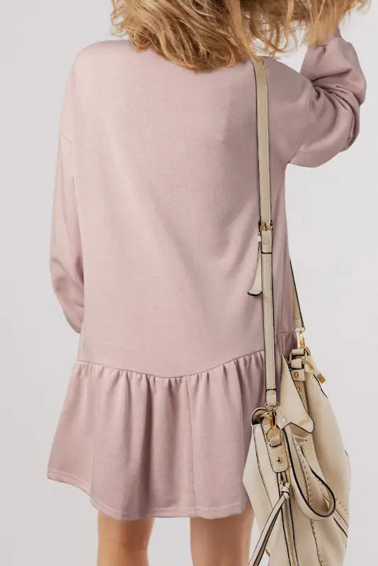 Dusty pink solid color puff sleeve ruffle hem mini dress - dresses