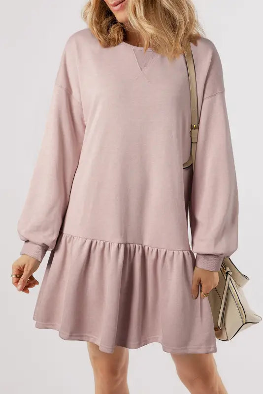 Dusty pink solid color puff sleeve ruffle hem mini dress - dresses