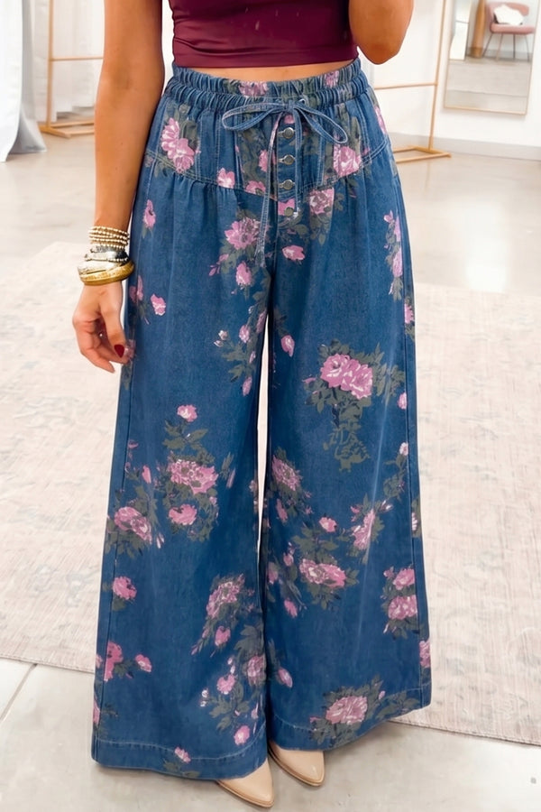 Floral Print Wide Leg Drawstring Waist Pintuck Jeans Women UK