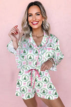 White Christmas Print Velvet Trim Pyjamas for women with holiday tree and bow print, pink velvet trim and matching shorts for festive lounging.