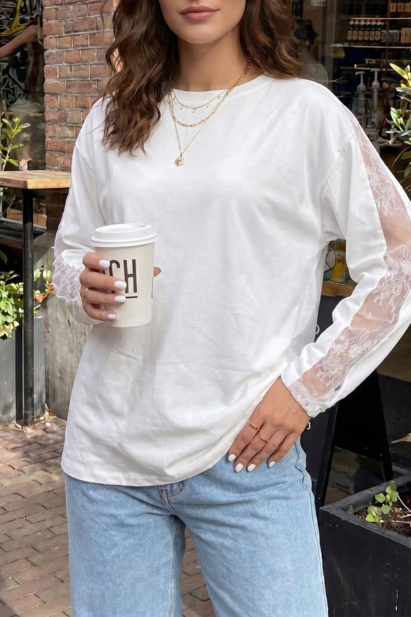 Sheer Lace Splicing Long Sleeve Shift Top Women UK in White — front view showing lace spliced panels and shift silhouette — Fashionfitz