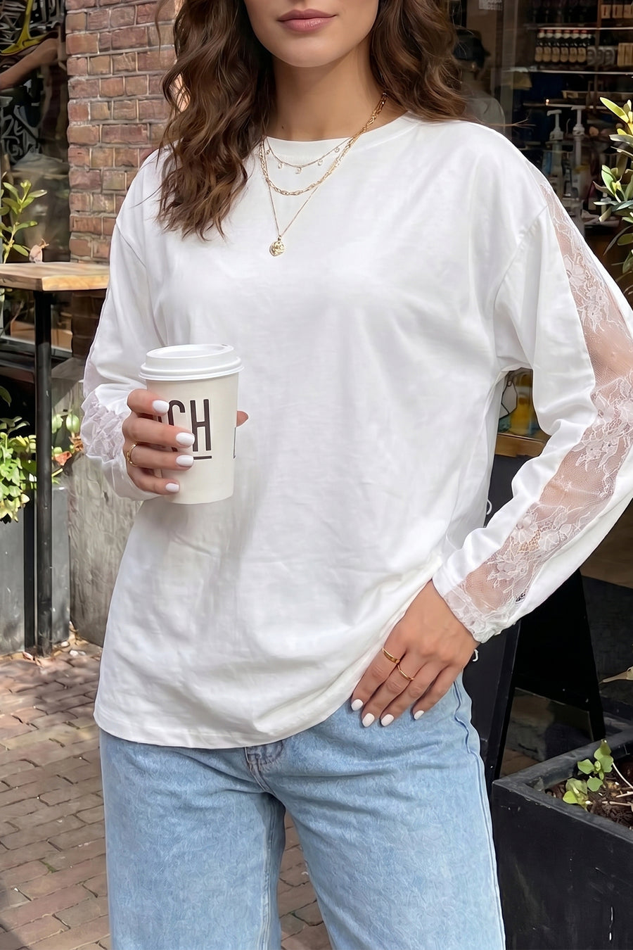 Sheer Lace Splicing Long Sleeve Shift Top Women UK in White — front view showing lace spliced panels and shift silhouette — Fashionfitz