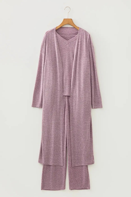 Heather Mauve Duster Lounge Trio – 3‑Piece Loungewear Set hanging on wooden hanger, showing full outfit including duster, top, and pants.