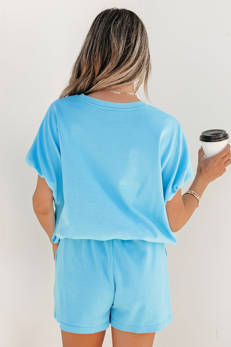 Light Blue Puffy Loose Top Drawstring Shorts 2-Piece Set Women UK