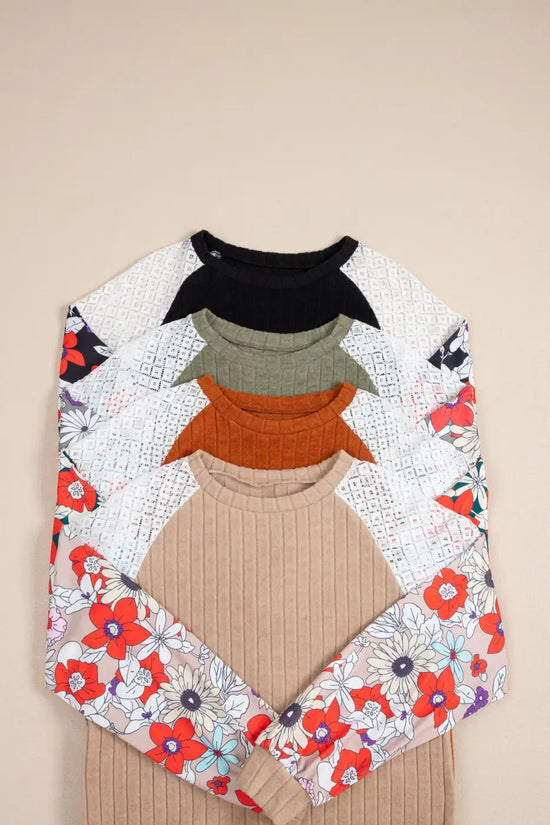 Floral Sleeve Ribbed Blouse - Fashionfitz