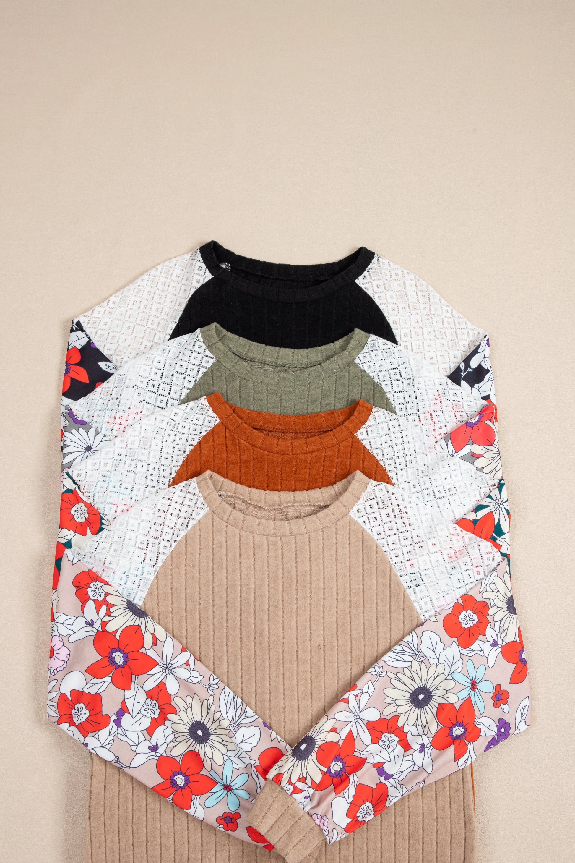 Floral Sleeve Ribbed Blouse - Fashionfitz