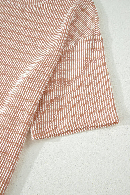 Stripe Raised Rib Loose Tee & Drawstring Elastic Waist Shorts Set