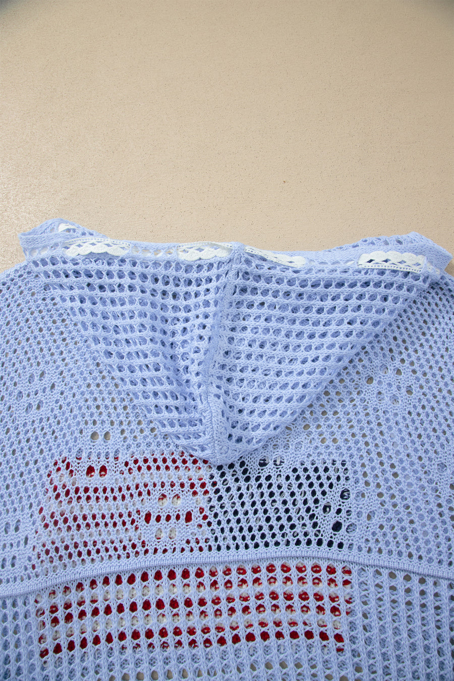 Hollow Out Crochet Knit American Flag Patch Drawstring Hoodie