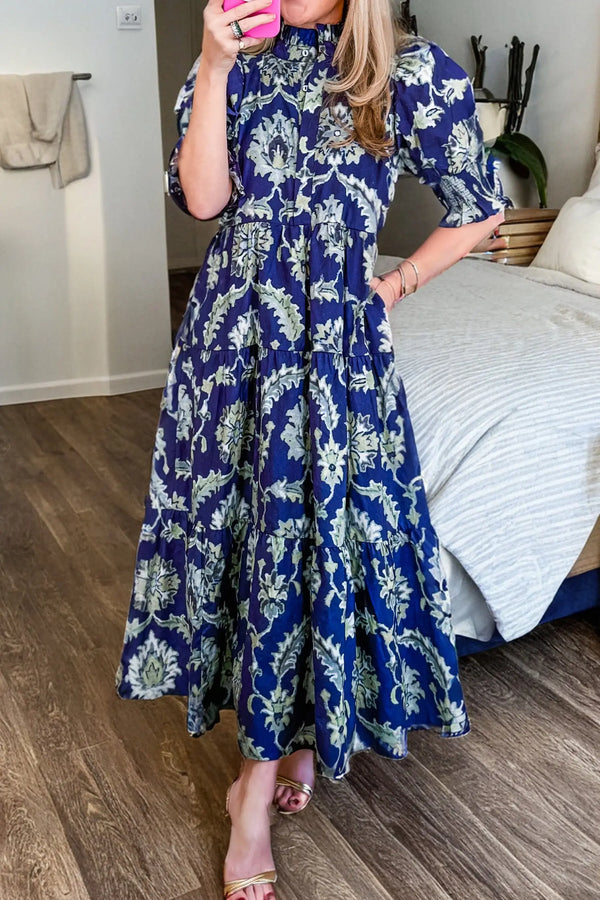 Blue Wild Floral Frilled Collar Half Sleeve Maxi Dress Women UK — back view