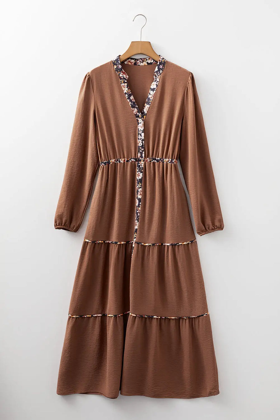 Chestnut Floral Patchwork Notched Neck Long Sleeve Maxi Dress Women UK — lifestyle view