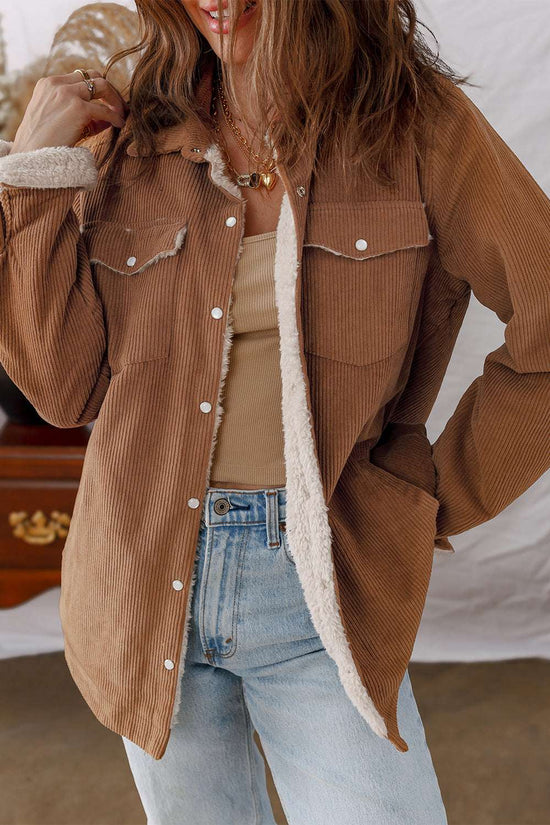 Corduroy Jacket - Fleece Lined in warm brown with snap buttons and chest pockets, styled for casual winter wear.