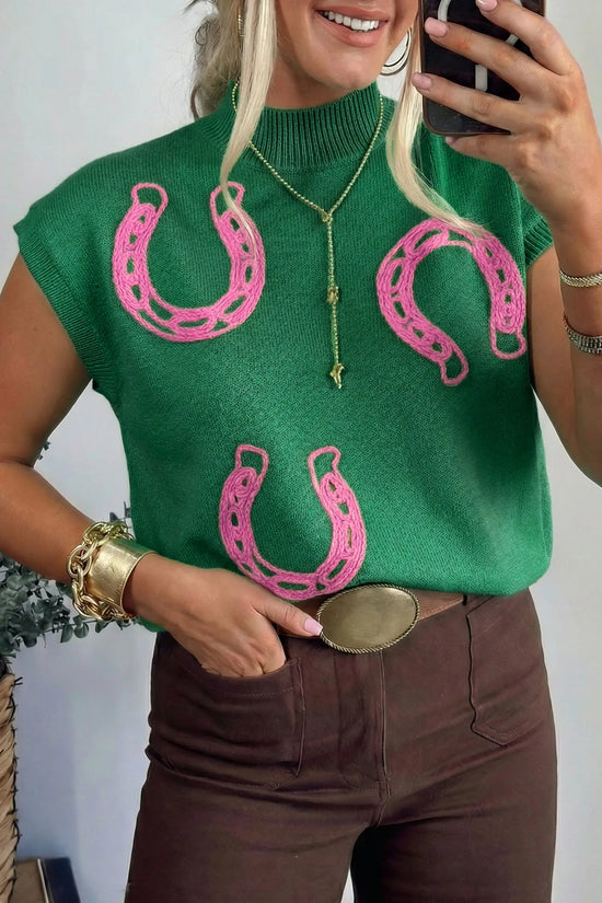 Corded horseshoe western sweater ribbed mock neck short sleeve loose knit sweaters