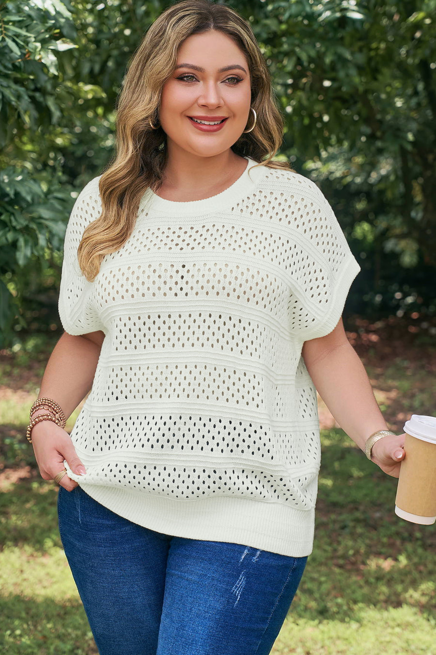 Plus Size Eyelet Hollow Out Knit Short Sleeve Sweater Ribbed Trim White — front view third colourway | Fashionfitz UK