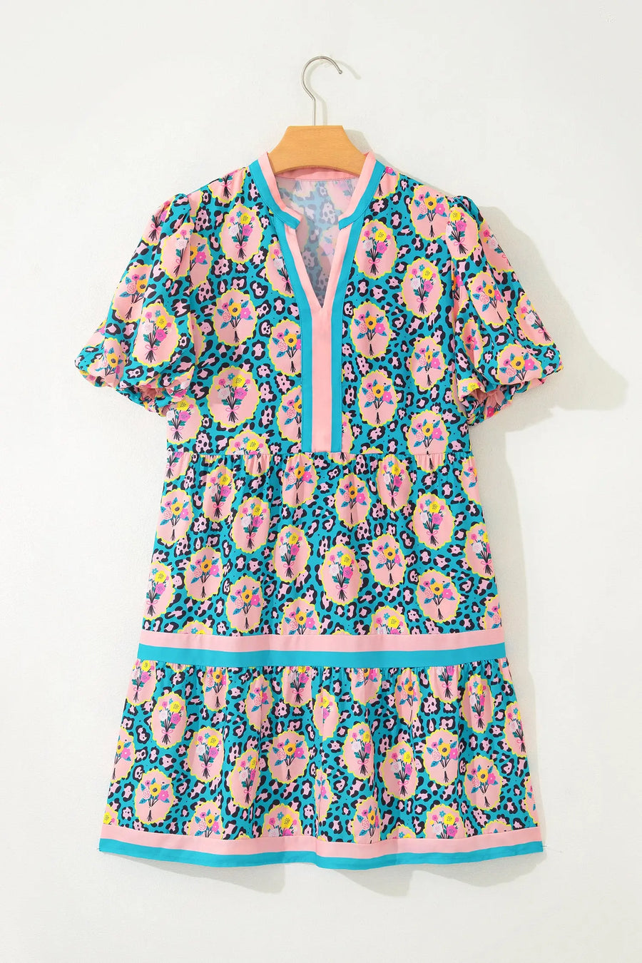 Green Leopard Floral Print Short Sleeve Mini Dress Women UK