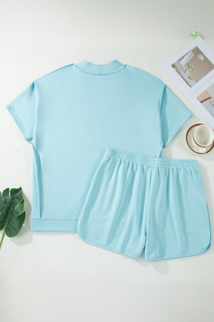 Mist Blue Plus Size Mock Neck Short Set Women UK — front detail | Fashionfitz UK