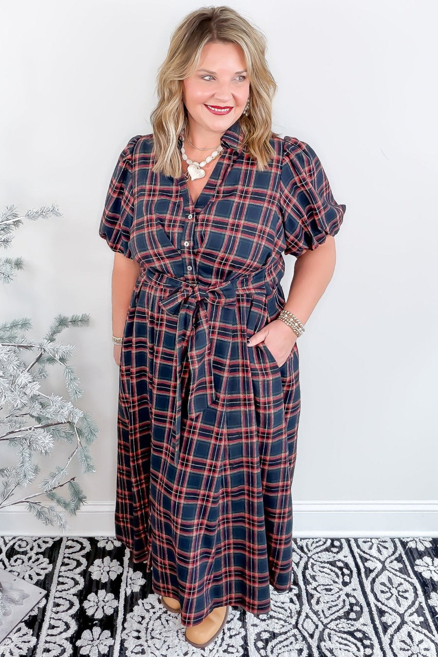 Plaid V Neck Belted Waist Short Sleeve Plus Size Dress Women UK