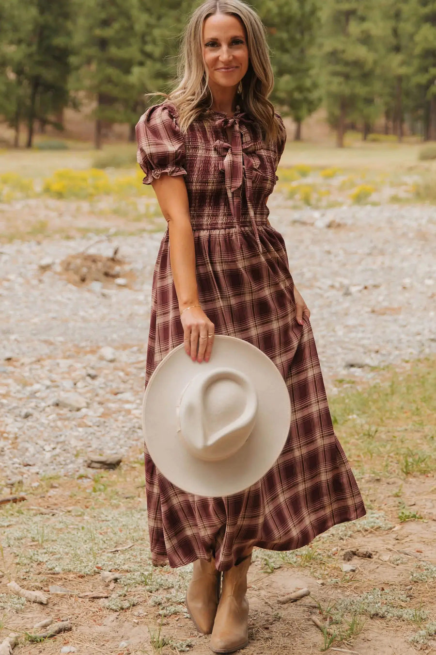 Red Vintage Plaid Knot Front Smocked Midi Dress