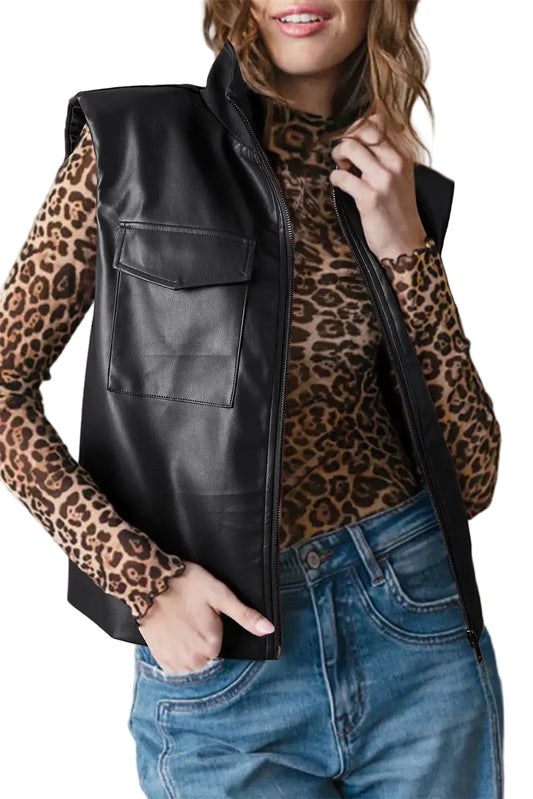 Black double flap pocket faux leather zip up stand neck vest