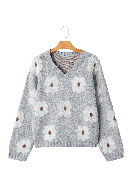 Oversized Grey Floral Knit Jumper – V‑Neck