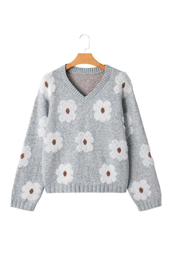 Oversized grey floral knit jumper – v‑neck sweaters