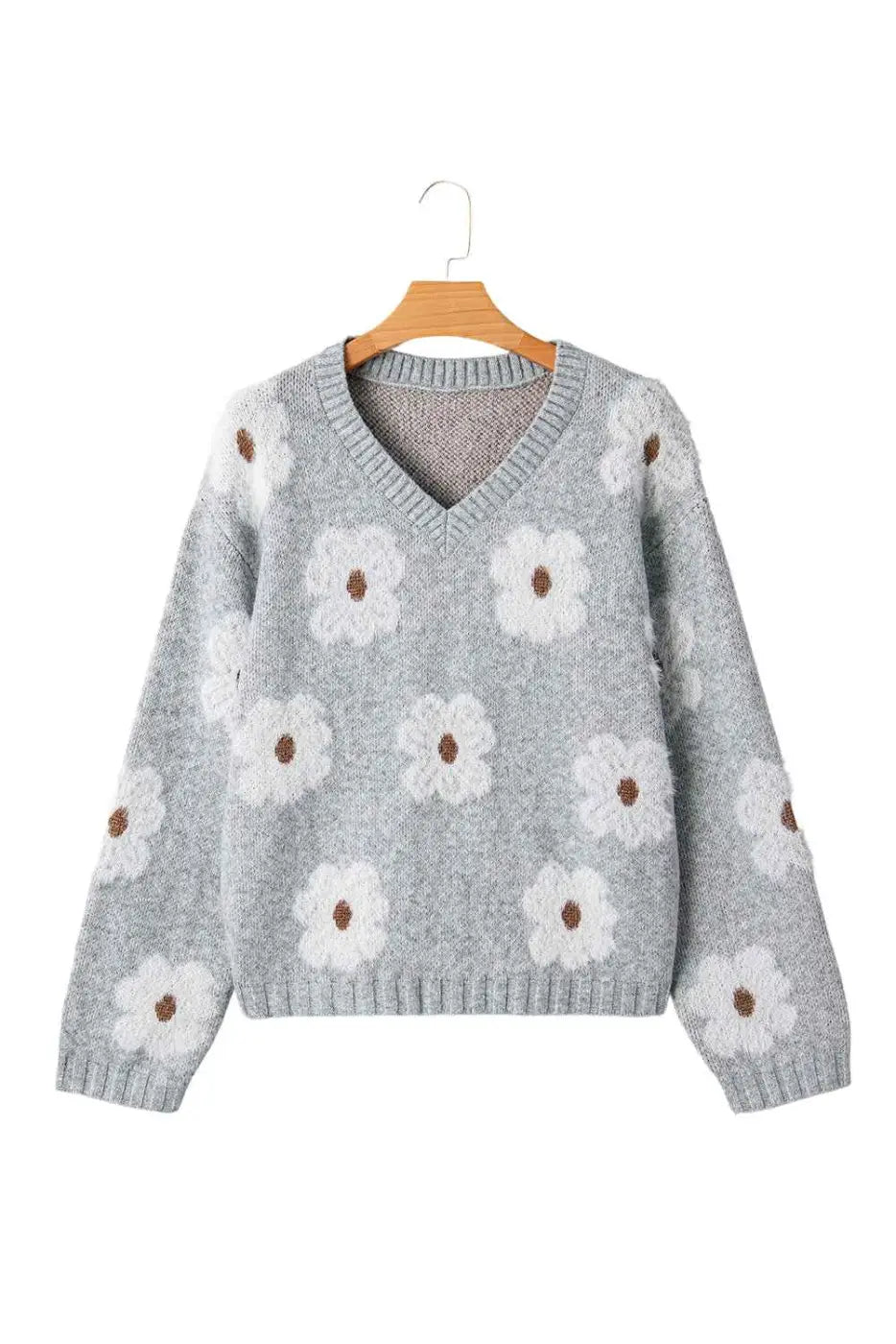 Oversized grey floral knit jumper – v‑neck sweaters